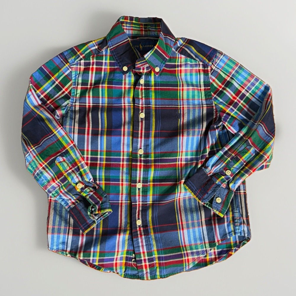 Ralph Lauren Boys Natural Stretch Plaid Button-Down Cotton Shirt 4/4T